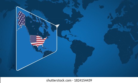 Location of USA on the World Map with Enlarged Map of USA with Flag. Geographical Vector Template for your design.