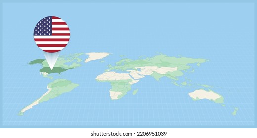 Location Of USA On The World Map, Marked With USA Flag Pin. Cartographic Vector Illustration.