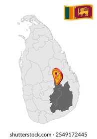 Localização Uva Province no mapa Sri Lanka. Sinal de localização 3d semelhante à bandeira da Província de Uva. Mapa de qualidade com Províncias do Sri Lanka para o seu design. EPS10