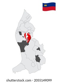 Location of  Vaduz on map Liechtenstein. 3d location sign similar to the flag of Vaduz. Quality map  with regions  Principality of Liechtenstein for your design. EPS10.