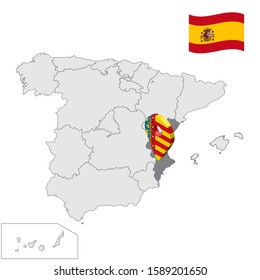 Location of Valencia on map Spain. 3d Valencia location sign similar to the flag of Valencia. Quality map  with regions Kingdom of Spain. Stock vector. EPS10.