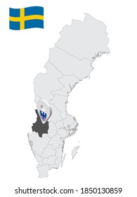 Location Varmland County on map Sweden. 3d location sign similar to the flag of Varmland County. Quality map  with regions of  Sweden for your design. EPS10.