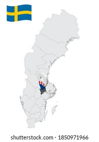 Location Vastmanland County on map Sweden. 3d location sign similar to the flag of  Vastmanland County. Quality map  with regions of  Sweden for your design. EPS10.