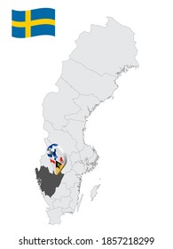 Location Vastra Gotaland County on map Sweden. 3d location sign similar to the flag of  Vastra Gotaland County. Quality map  with regions of  Sweden for your design. EPS10.