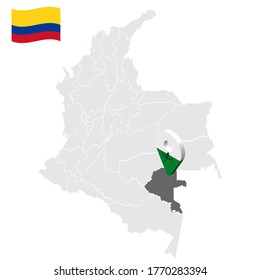 Location of Vaupes on map Colombia. 3d Vaupes location sign. Flag of Vaupes. Quality map with regions  of Colombia for your web site design, logo, app, UI. Stock vector. EPS10.