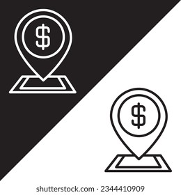 Location Vector Icon or Bank Location Vector Icon.Or dollar pin vector icon. Lineal style, isolated on Black and white Background.