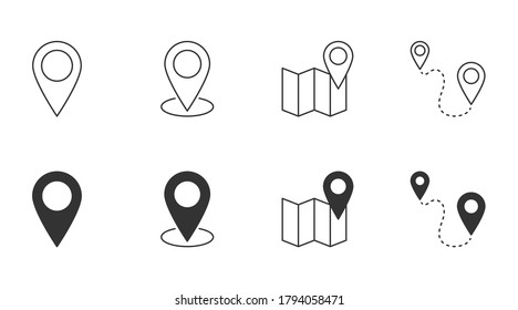 Location vector icon. Editable stroke. Geolocation map path distance. Destination delivery road home. GPS cartography travel position. Glyph and linear icons