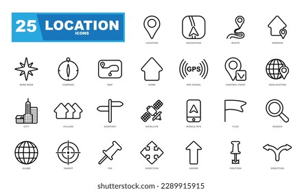 Location vector icon set. Perfect for websites. Included the icons as pin, nearby, direction, navigation, navigator, way, path and more.
