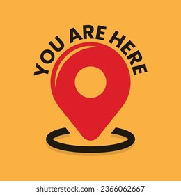 Location vector icon sign and symbol illustration with the lettering of You are here. Pointer flat vector art on yellow background. 