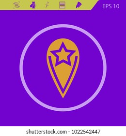 Location vector icon with star and band on a violet background  .Flat design style.