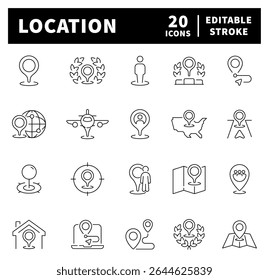 Location vector icons. Location thin line icon collection.  Navigation, GPS, location, pointer, map pointer, map marker, location related icons