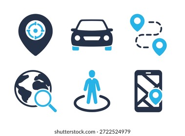 Conjunto de iconos de Locación y seguimiento de vehículos. Iconos de la serie de glifos sólidos