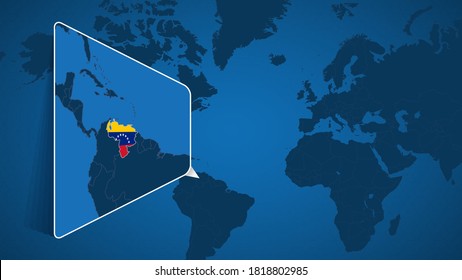 Location of Venezuela on the World Map with Enlarged Map of Venezuela with Flag. Geographical Vector Template for your design.