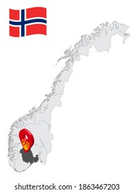 Location Vestfold and Telemark County on map Norway. 3d location sign similar to the flag of  Vestfold and Telemark. Quality map  with regions of  Norway for your design. EPS10.