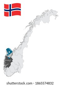 Location Vestland County on map Norway. 3d location sign similar to the flag of  Vestland. Quality map  with regions of  Norway for your design. EPS10.