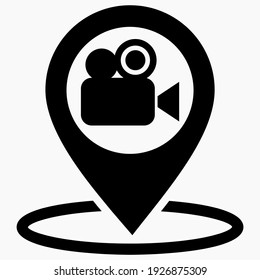 Location and video camera. Geolocation of the cinema. Electronics store. Point of video shooting. Wind icon.
