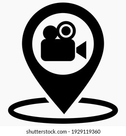 Location and video camera. Geolocation of the cinema. Electronics store. Point of video shooting. Wind icon.