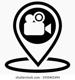 Location and video camera. Geolocation of the cinema. Electronics store. Point of video shooting. Wind icon.