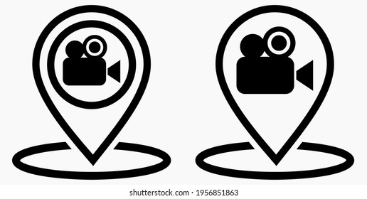 
Location and video camera. Geolocation of the cinema. Electronics store. Point of video shooting. Wind icon.