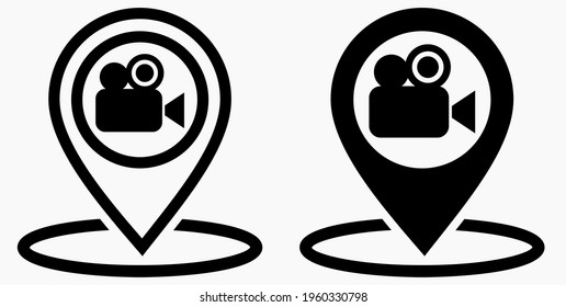 
Location and video camera. Geolocation of the cinema. Electronics store. Point of video shooting. Wind icon.