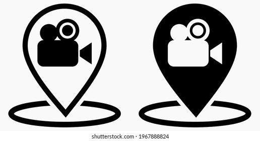 
Location and video camera. Geolocation of the cinema. Electronics store. Point of video shooting. Wind icon.