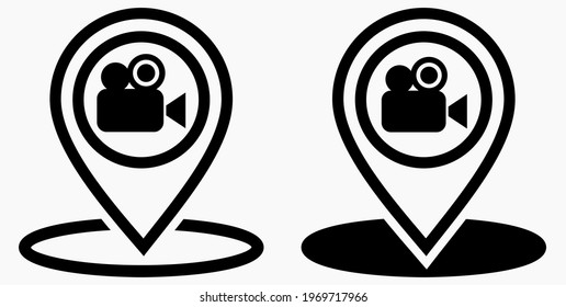 
Location and video camera. Geolocation of the cinema. Electronics store. Point of video shooting. Wind icon.