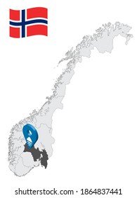Location Viken County on map Norway. 3d location sign similar to the flag of  Viken. Quality map  with regions of  Norway for your design. EPS10.