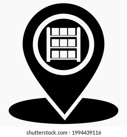 Location of the warehouse. Unloading place. Logistics center. Transportation of goods. Storage of goods. Vector icon.