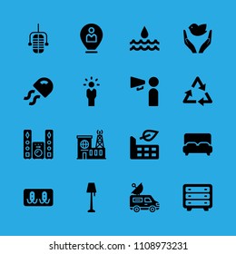 location, water, promoting, building, manager, dove of peace, bed, sound system and microphone vector icon. Simple icons set