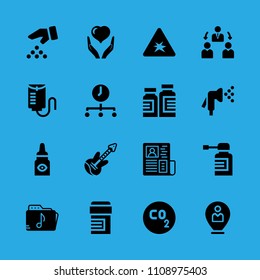location, watering, music folder, eye drops, pills, drop counter, manager, explosive and spray vector icon. Simple icons set