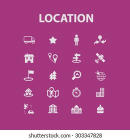 location, way, route flat web isolated icons, signs, illustrations set, vector on background