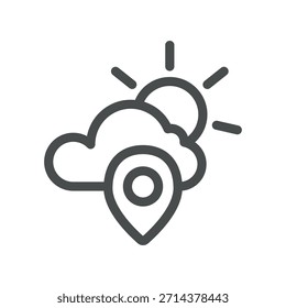 Icono de Clima de Locación que incluye nubes y sol con pin, clima local, pronóstico GPS, Clima regional, marcador de mapa para geolocalización.