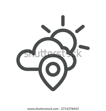 Location Weather Icon including cloud and sun with pin, local climate, GPS forecast, regional weather, map marker for geolocation.