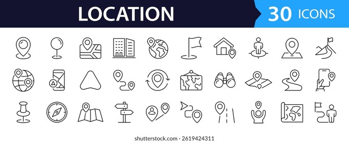 Location Web Icon Set in Line Style. Collection of Map Pin Linear Icons, Including Address, place, location, gps, directions, navigation, map, distance, map marker  and More. Editable Stroke.