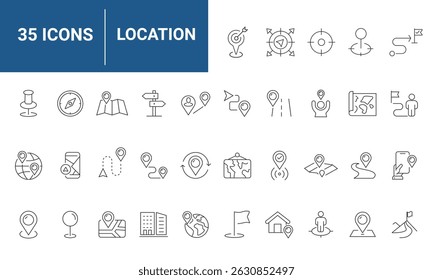Location Web Icon Set in Line Style. Collection of Map Pin Linear Icons, Including Address, place, location, directions, navigation, map, distance, map marker and More. Editable Stroke.