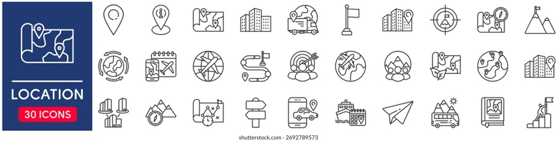 Conjunto de iconos de Web de Locación en estilo de línea Concepto de Ilustración vectorial relacionado con la ubicación, mapa, pin, lugar, puntero, navegación, Vector, punto, símbolo, viaje