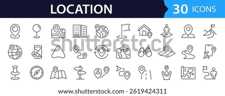 Location Web Icon Set in Line Style. Collection of Map Pin Linear Icons, Including Address, place, location, gps, directions, navigation, map, distance, map marker  and More. Editable Stroke.