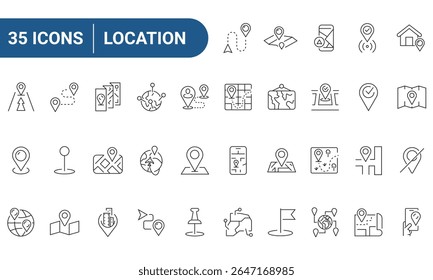 Location Web Icons Set in Line or outline Style related to Location. Icons For Web and Mobile App. Linear icons collection. Editable stroke. Vector illustration