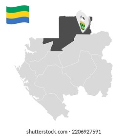 Location  Woleu-Ntem Province  on map Gabon. 3d location sign similar to the flag of  Woleu-Ntem Province. Quality map  with  Regions of the Gabon for your design. EPS10
