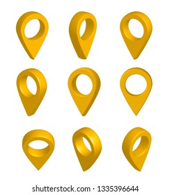 Location yellow pointers set, isolated. Map navigation 3d pins. Isometric pointer in right and left positions. Vector illustration - Vector
