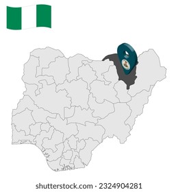 Location Yobe State on map Nigeria. 3d Yobe location sign. Flag of Nigeria. Quality map with  States of Nigeria for your web site design, logo, app, UI. Stock vector. EPS10.