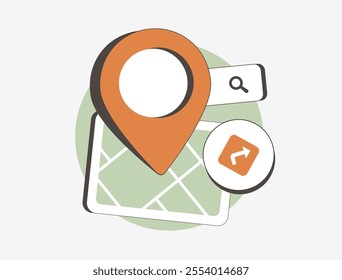 Location-based marketing concept with a map, pin, search bar and navigation icons. Local business SEO, targeted advertising, map listings and customer engagement strategies. Vector illustration