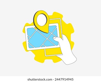 Marketing basado en la Locación y concepto de búsqueda local. Mano sosteniendo el teléfono inteligente con el mapa y los negocios cercanos marcados con alfileres. Ilustración vectorial fina de contorno SEO local aislada sobre fondo blanco