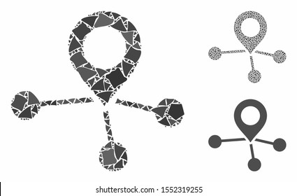 Locations composition of ragged pieces in various sizes and color tones, based on locations icon. Vector inequal pieces are combined into collage. Locations icons collage with dotted pattern.