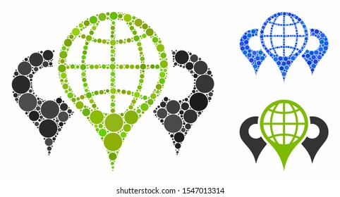 Locations composition of small circles in different sizes and shades, based on locations icon. Vector filled circles are united into blue composition. Dotted locations icon in usual and blue versions.