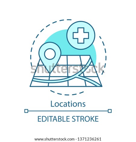 Locations concept icon. First aid geoposition. Affordable medical care. Pin point on map. Health care service navigation idea thin line illustration. Vector isolated outline drawing. Editable stroke