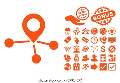 Locations icon with bonus pictures. Vector illustration style is flat iconic symbols, orange color, white background.