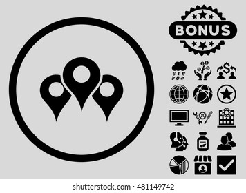 Locations icon with bonus. Vector illustration style is flat iconic symbols, black color, light gray background.