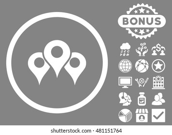 Locations icon with bonus. Vector illustration style is flat iconic symbols, white color, gray background.