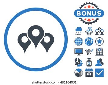 Locations icon with bonus. Vector illustration style is flat iconic bicolor symbols, smooth blue colors, white background.